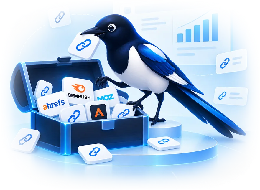 A magpie filling a treasure chest with link tiles from SEO tools